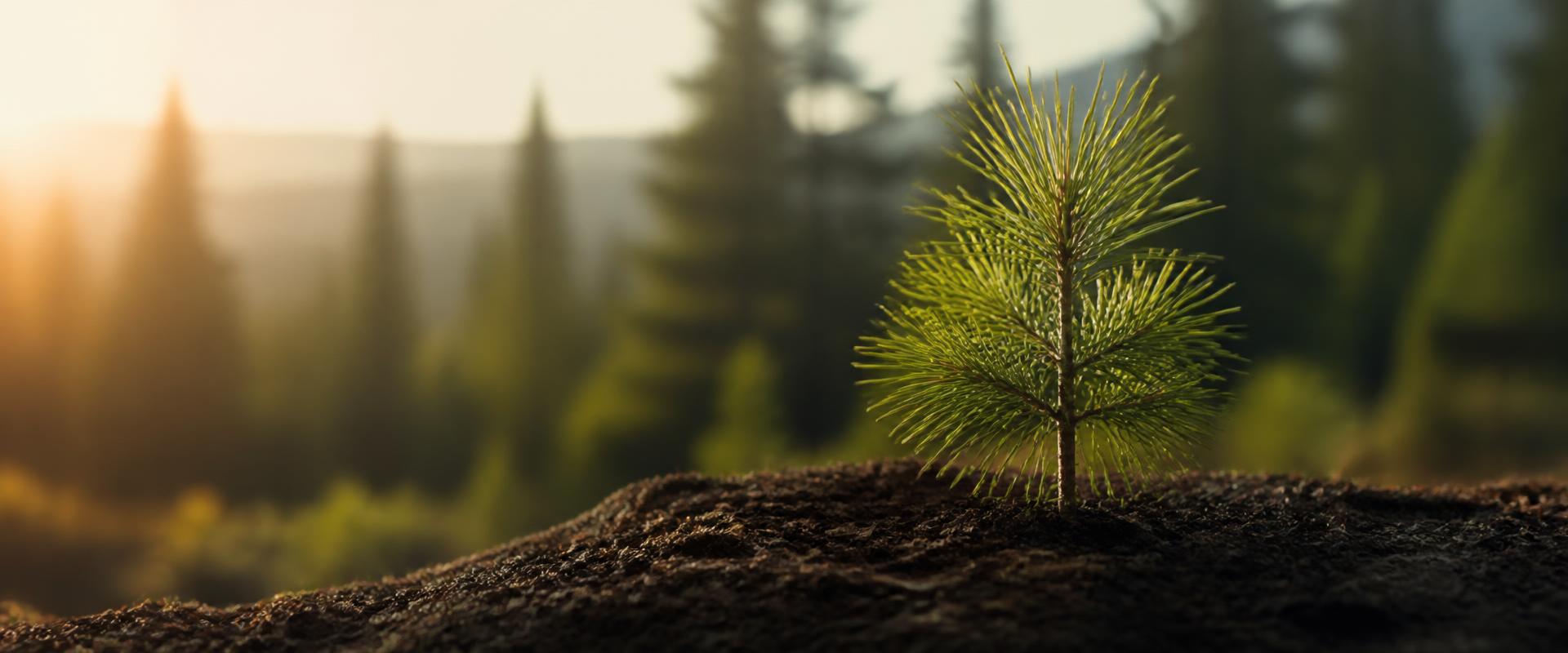 A young seedling growing from dark soil in morning light